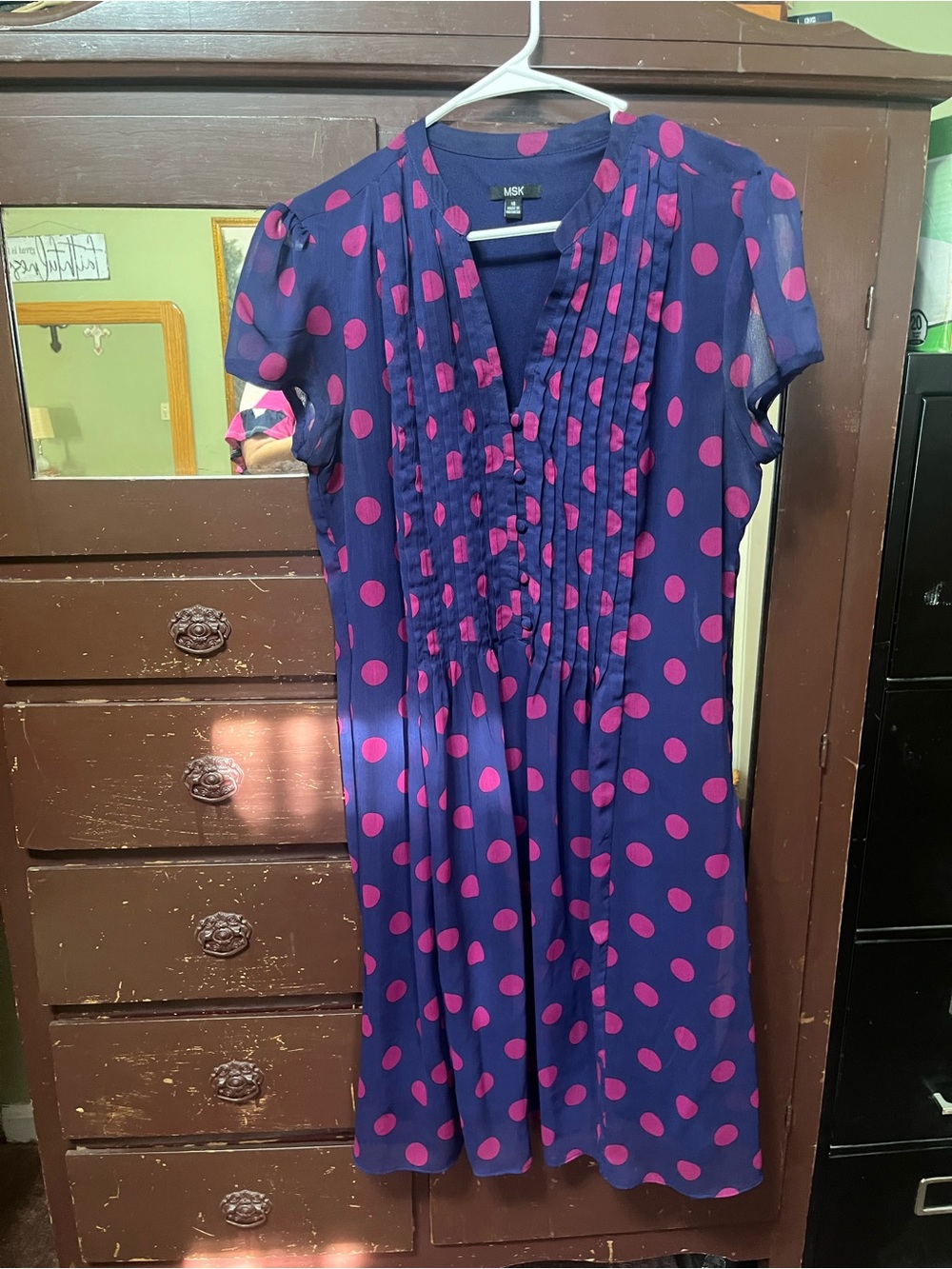 MSK Navy Dress with Pink Polka Dots